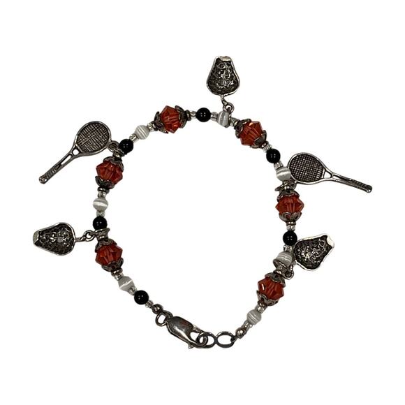 Tennis Charm Bracelet with Rackets & Strawberries Crystal Beads Sports Jewelry - Picture 5 of 6
